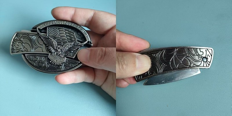 Push the Knife out from buckle body, press knife back to open the blade