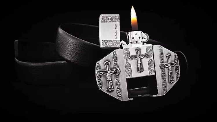 a leather belt with lightering buckle