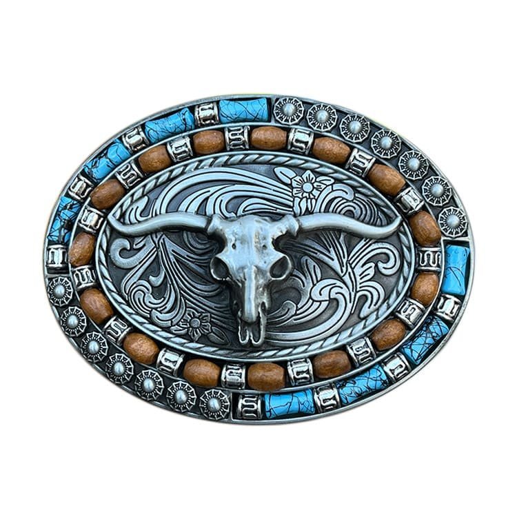 Bull Head Turquoise & Wood Beads Belt Buckle