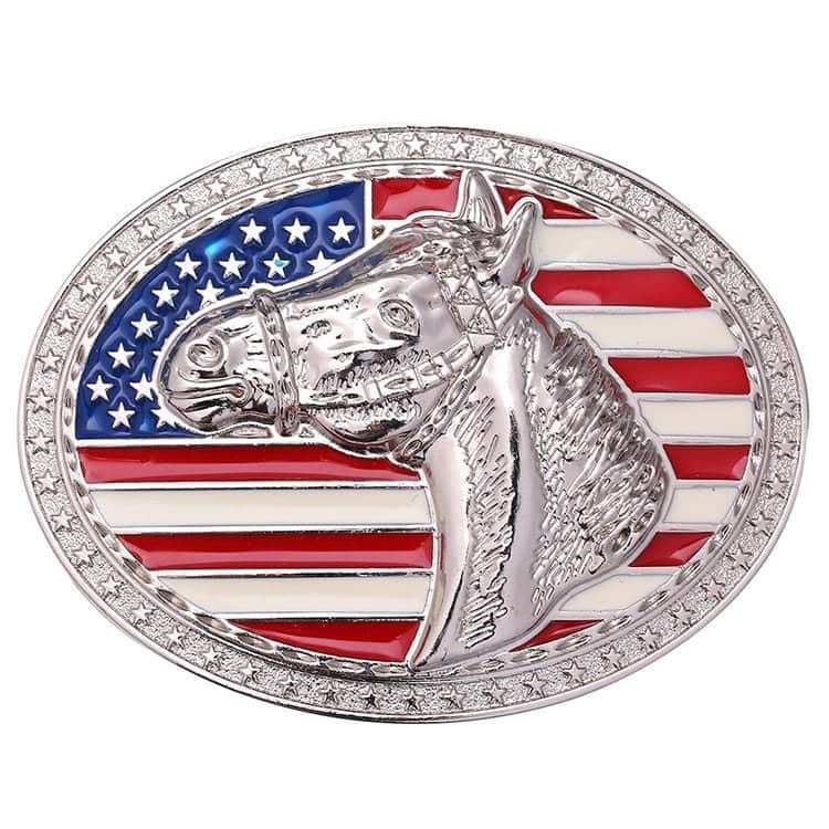 Horse Head American Flag Silver Belt Buckle