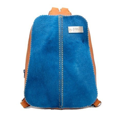 Blue fabric backpack with a rectangular silver metal logo label