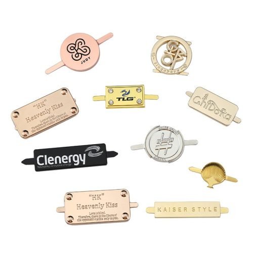 Custom metal logo labels in round, rectangular and other shapes for handbags